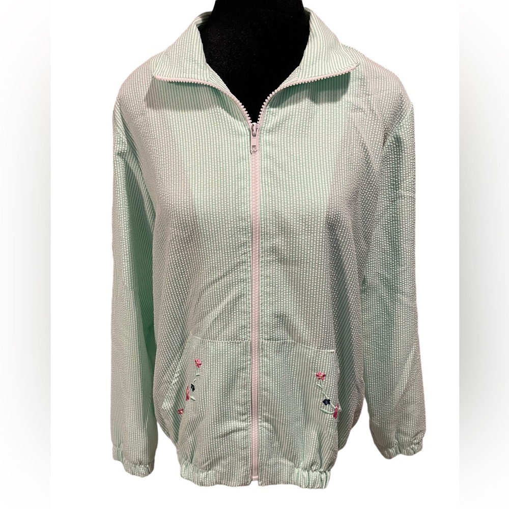 Blair Bright Green Preppy Coastal Seersucker Embroidered Boho Floral Zip Jacket